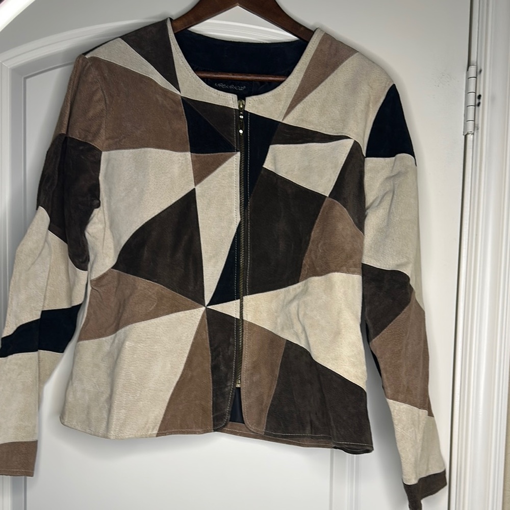Cream and Brown Leather Jacket with Geometric Pattern and Zipper Closure